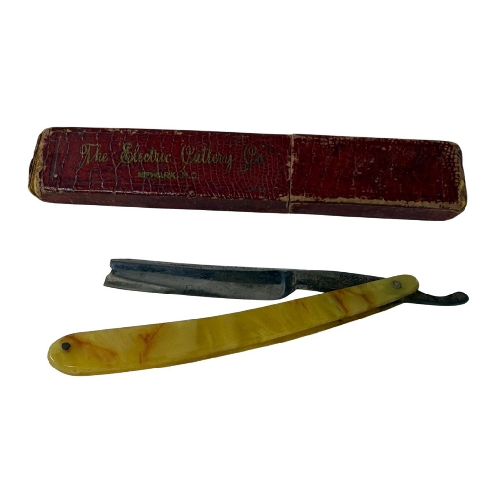Vintage Electric Cutlery Co Straight Razor Marbled Yellow Handle Box
